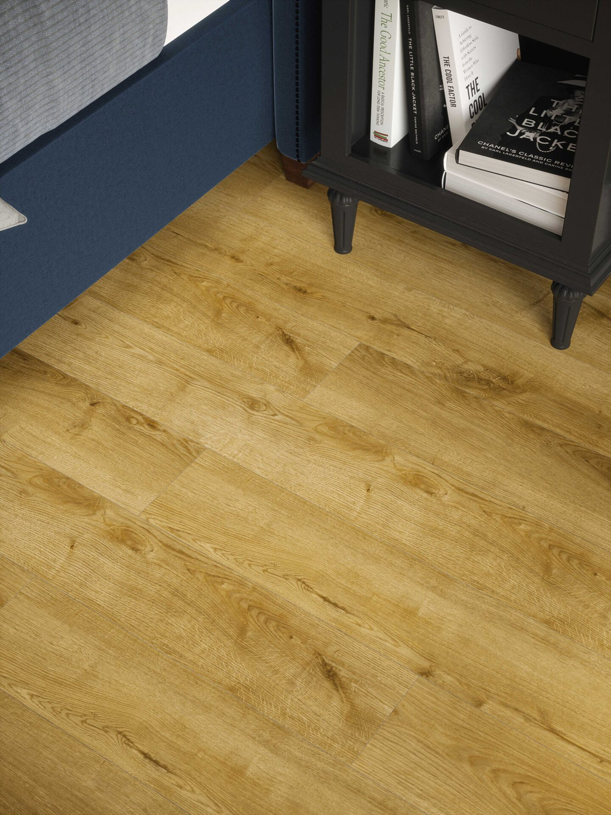 Stade Oak Plank Aqua 72 12mm AC5 Laminate Flooring installed in a bedroom
