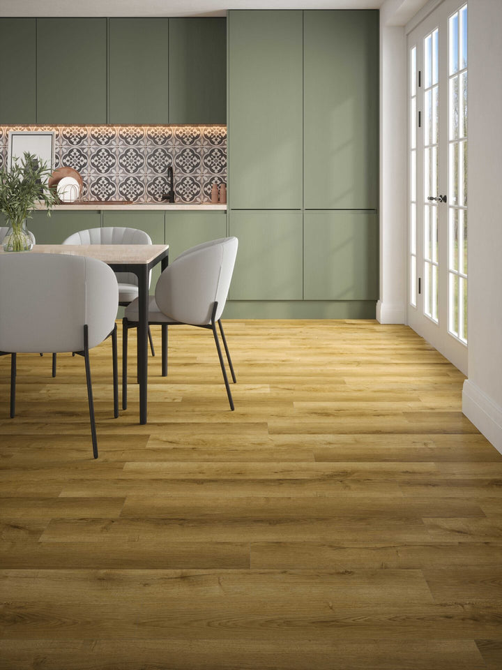 Stade Oak Plank Aqua 72 12mm AC5 Laminate Flooring installed in a kitchen
