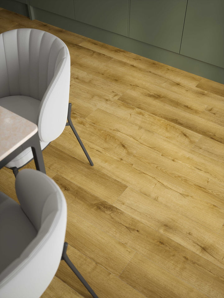 Stade Oak Plank Aqua 72 12mm AC5 Laminate Flooring installed in a kitchen