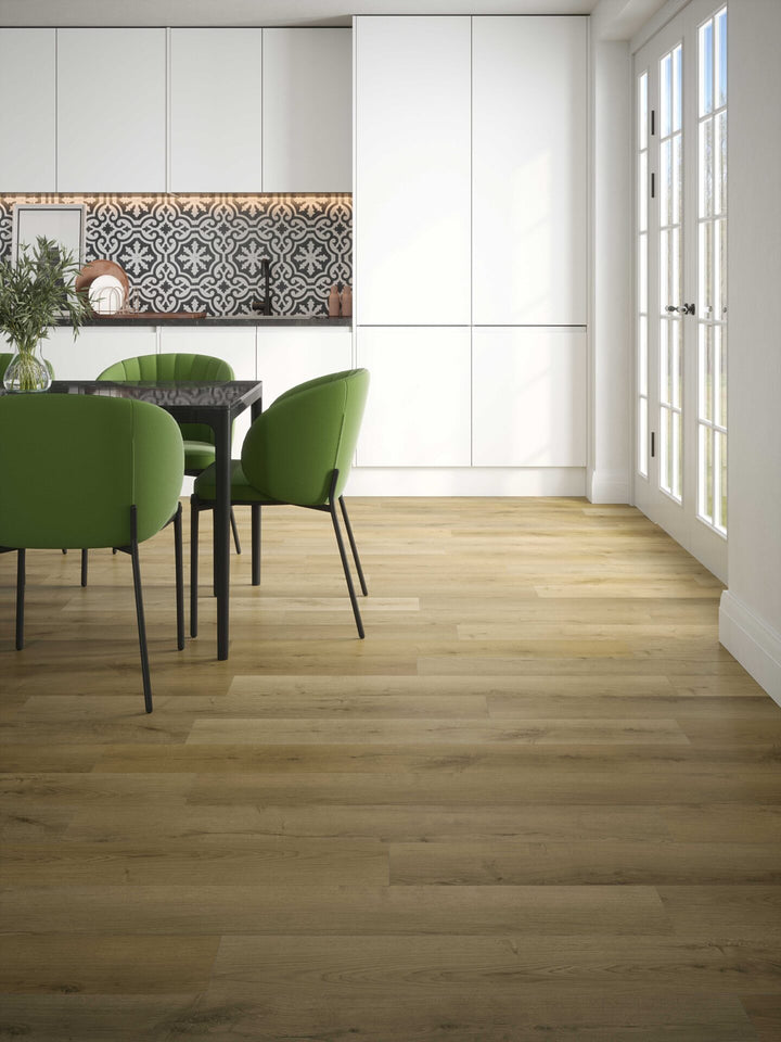 Privas Oak Plank 12mm AC4 Laminate Flooring installed in a kitchen