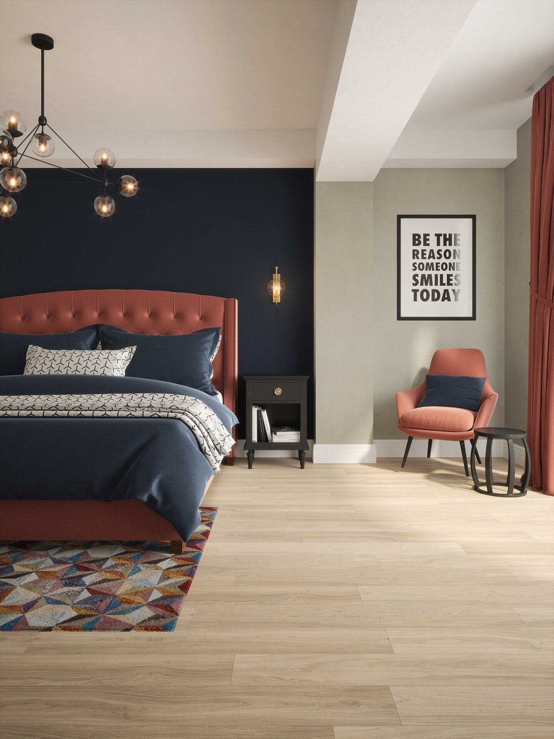 Tartas Oak Plank Aqua 72 12mm AC5 Laminate Flooring installed in a bedroom