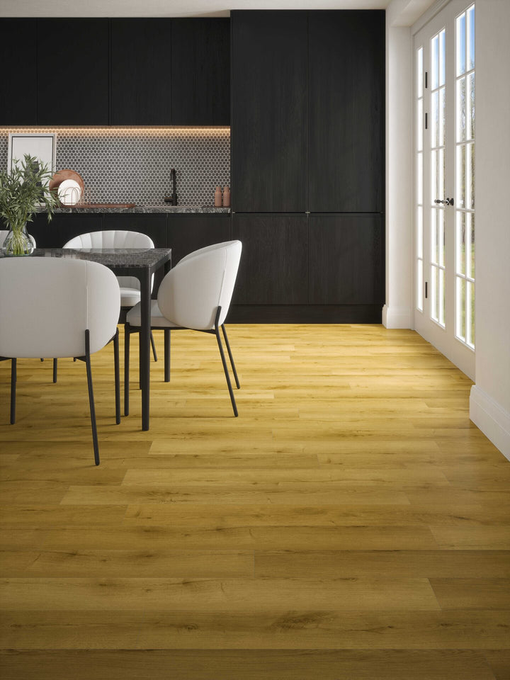 Albi Honey Oak Plank 12mm AC4 Laminate Flooring installed in a kitchen