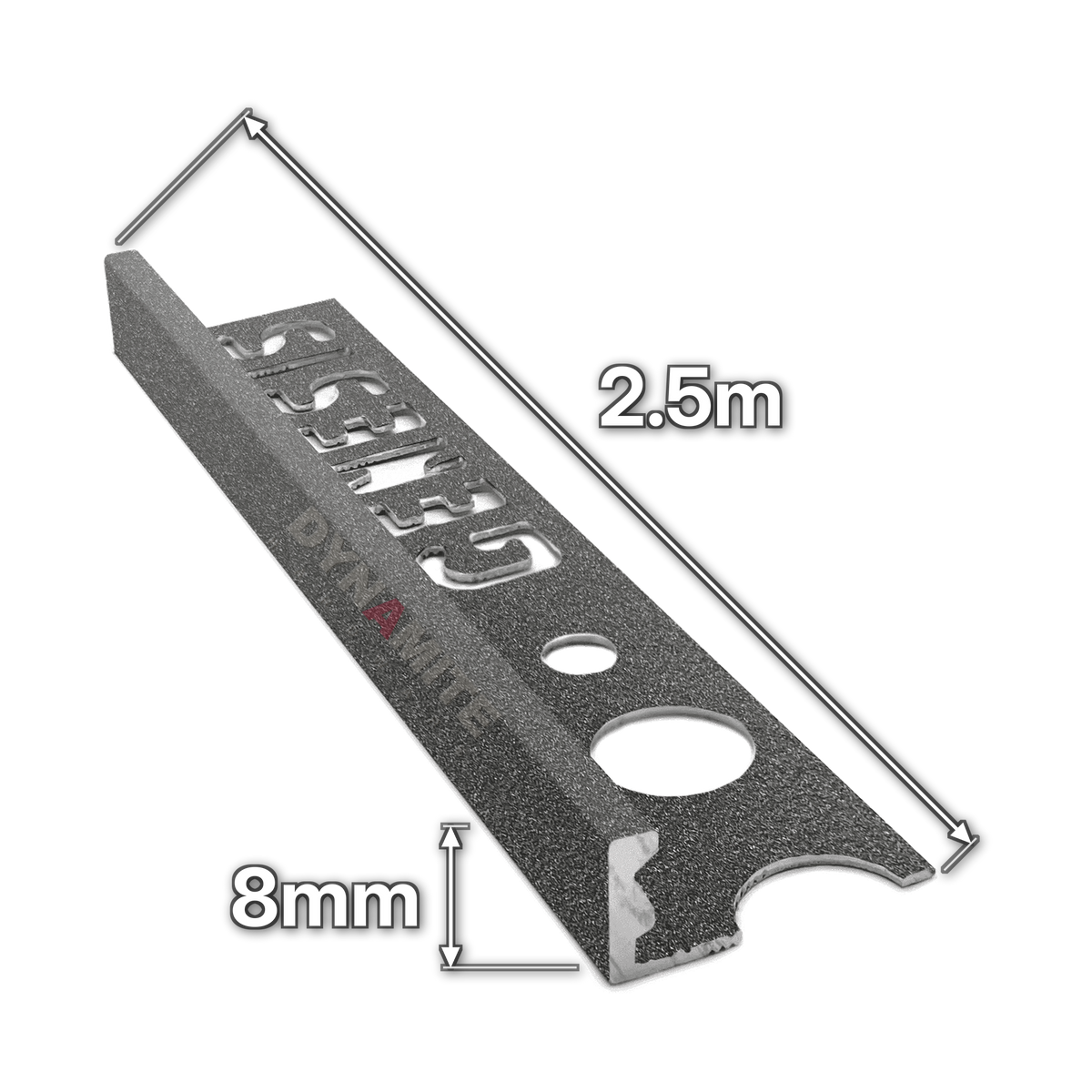 8mm Basalt Effect Aluminium Straight Edge Tile Trim 2.5m - size marked with white arrows: 8mm profile height and 2.5m length