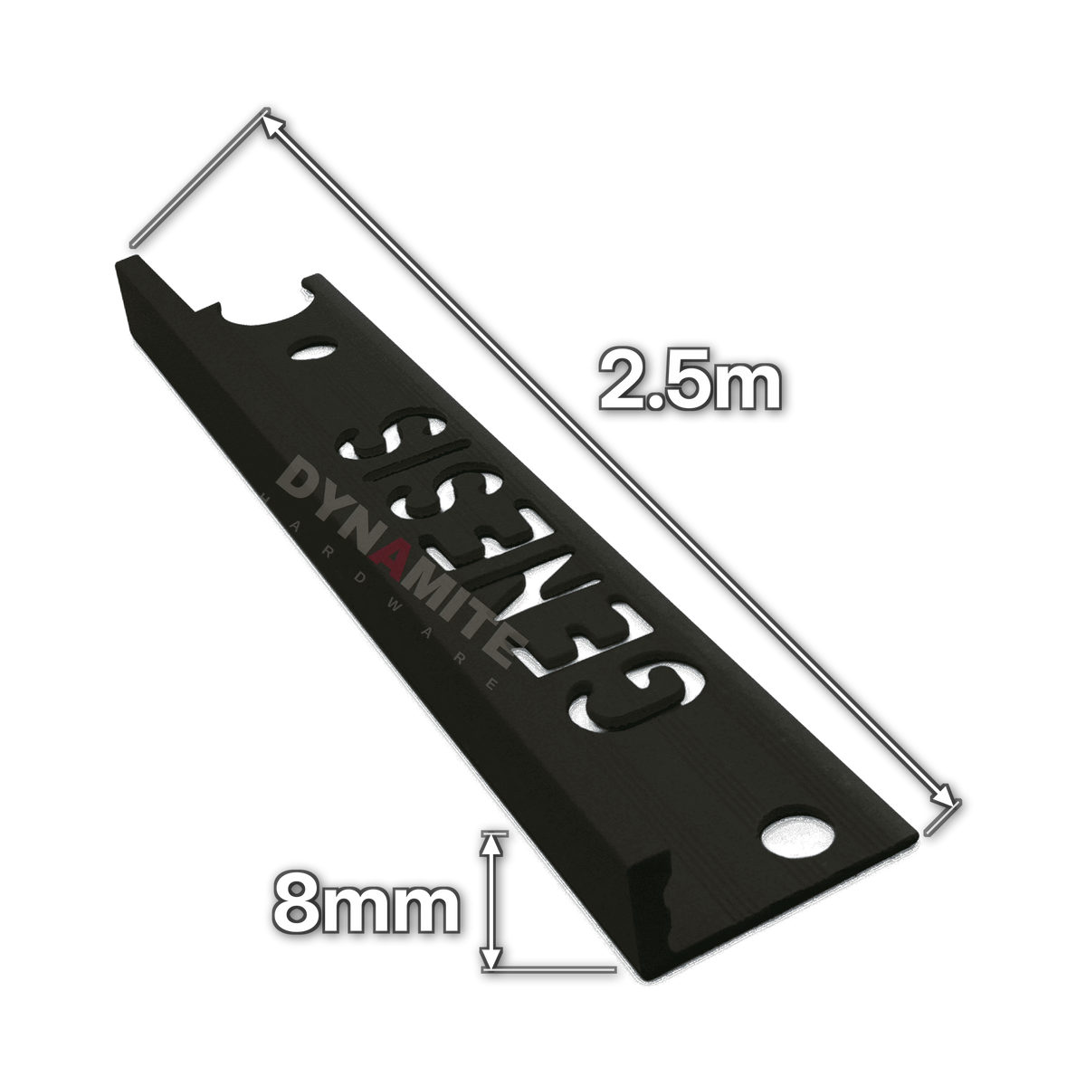 8mm Black PVC Straight Edge Tile Trim 2.5m - size marked with white arrows: 8mm profile height and 2.5m length