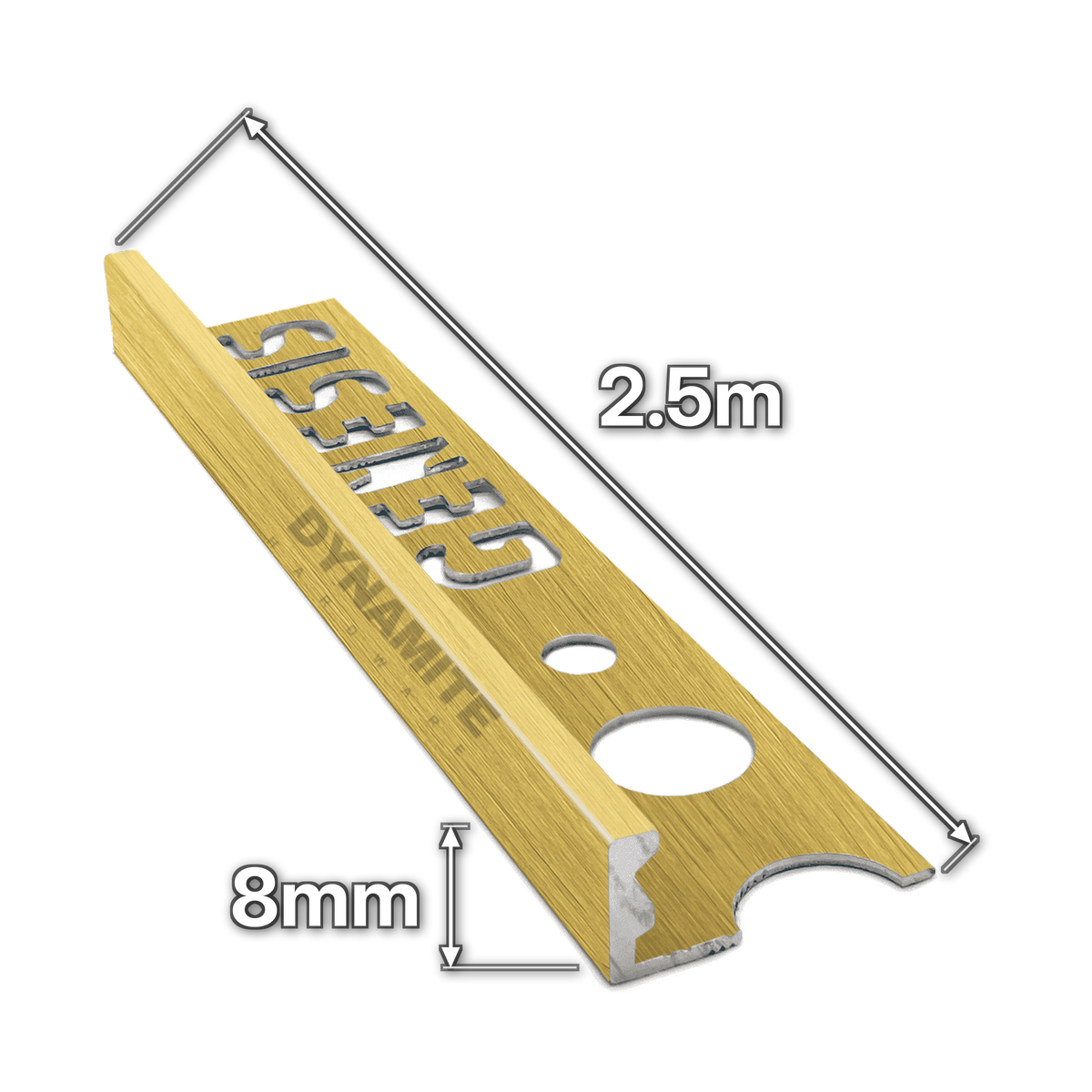 8mm Brushed Brass Aluminium Straight Edge Tile Trim 2.5m - size marked with white arrows: 8mm profile height and 2.5m length