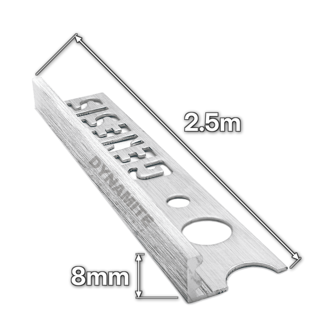 8mm Brushed Chrome Aluminium Straight Edge Tile Trim 2.5m - size marked with white arrows: 8mm profile height and 2.5m length