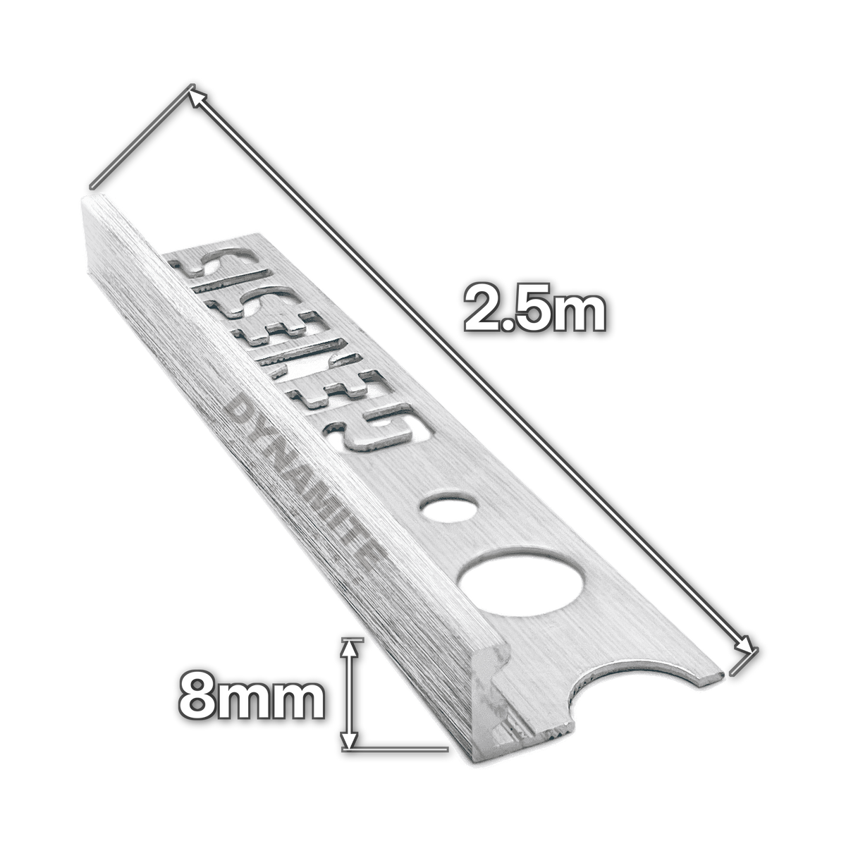 8mm Brushed Chrome Aluminium Straight Edge Tile Trim 2.5m - size marked with white arrows: 8mm profile height and 2.5m length