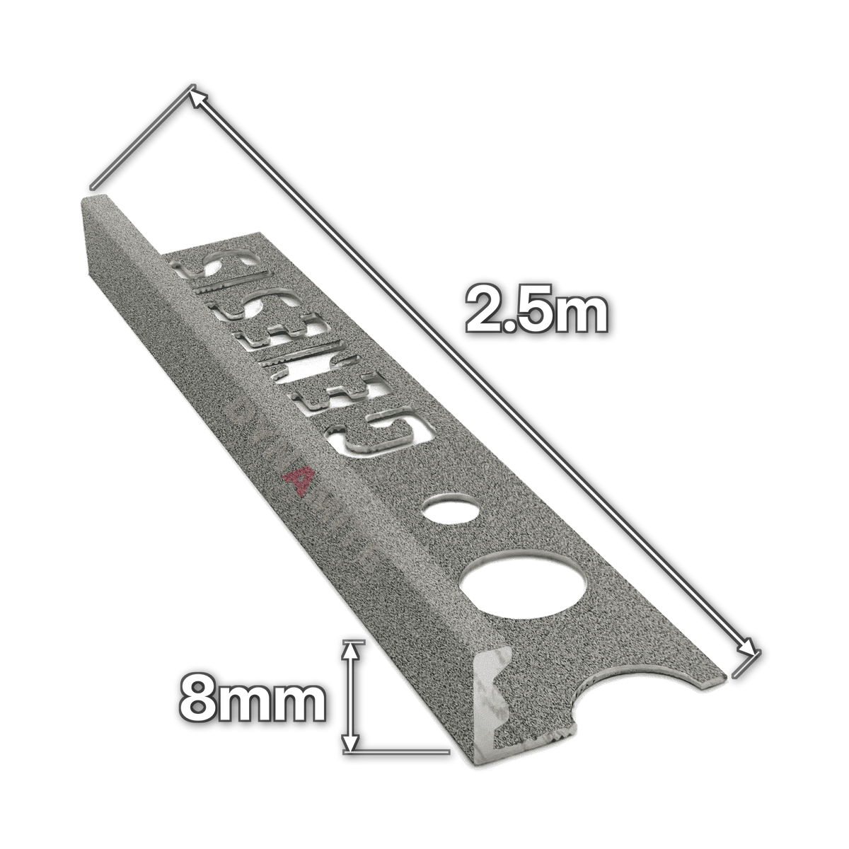 8mm Granite Effect Aluminium Straight Edge Tile Trim 2.5m - size marked with white arrows: 8mm profile height and 2.5m length