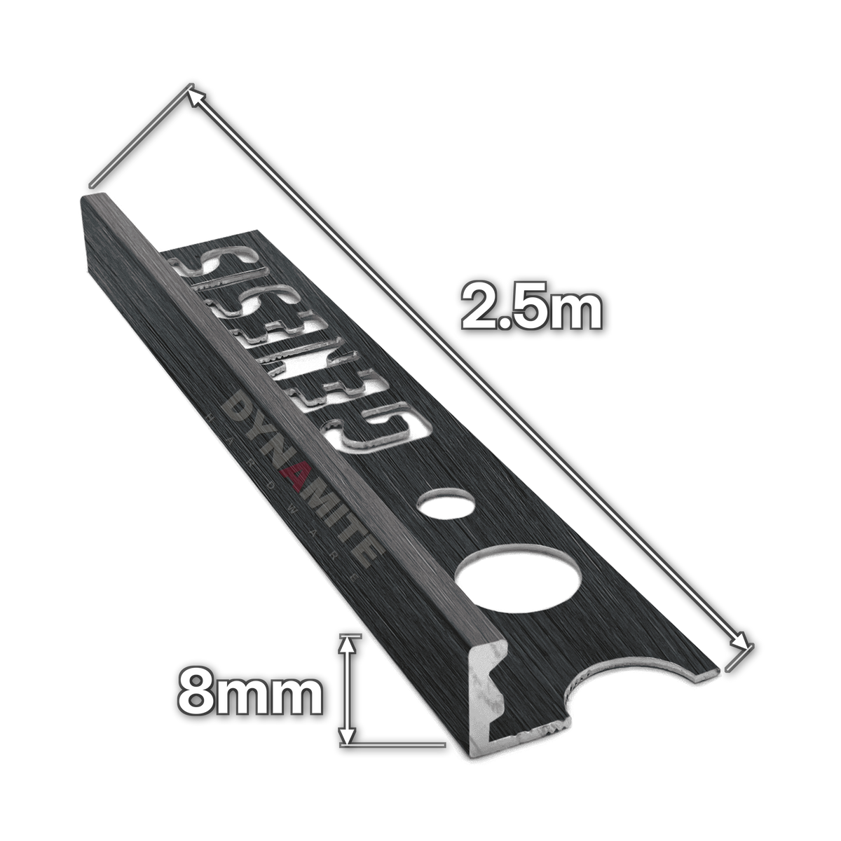 8mm Gunmetal Aluminium Straight Edge Tile Trim 2.5m - size marked with white arrows: 8mm profile height and 2.5m length