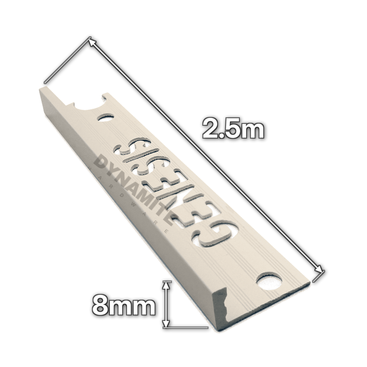 8mm Jasmine PVC Straight Edge Tile Trim 2.5m - size marked with white arrows: 8mm profile height and 2.5m length