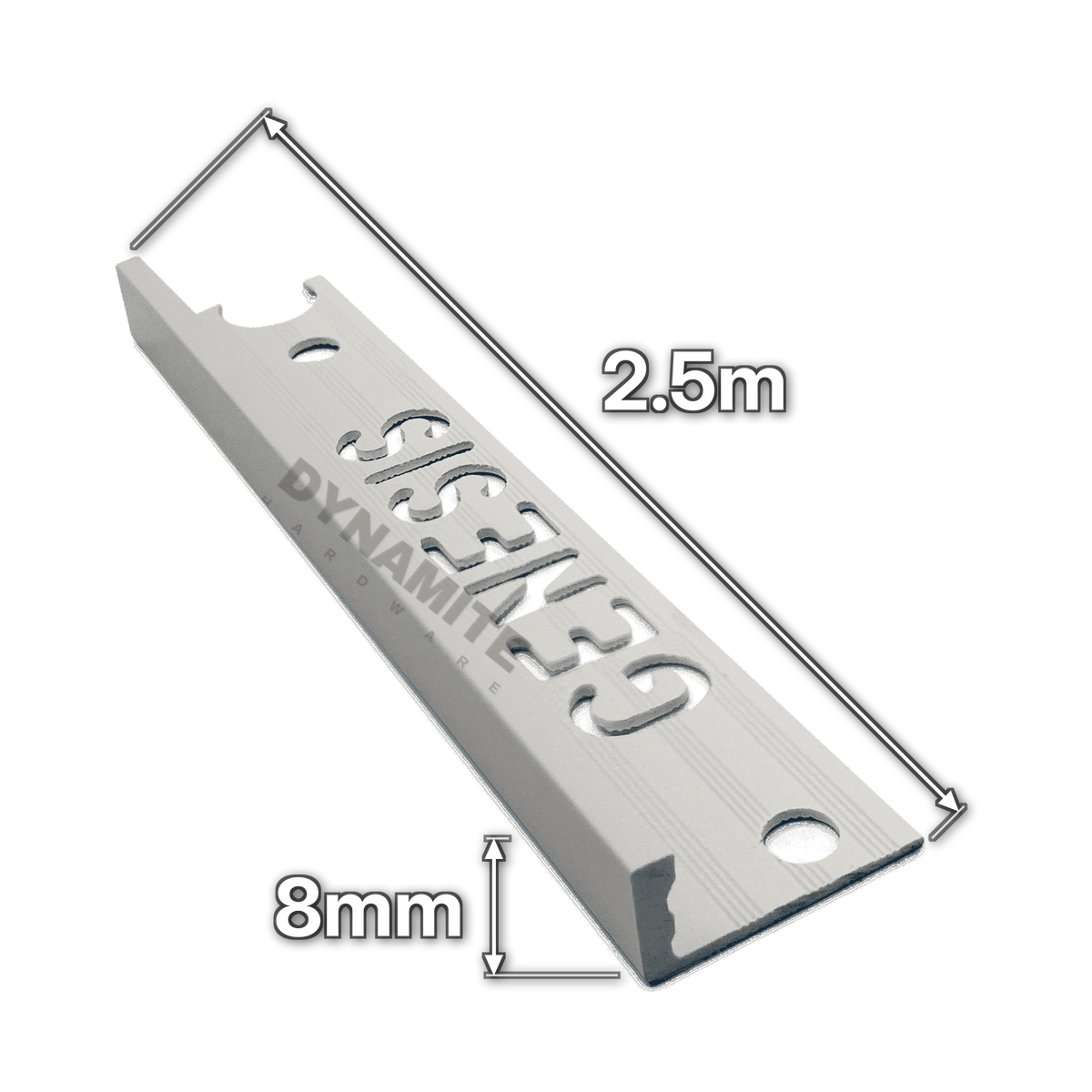8mm Light Grey PVC Straight Edge Tile Trim 2.5m - size marked with white arrows: 8mm profile height and 2.5m length