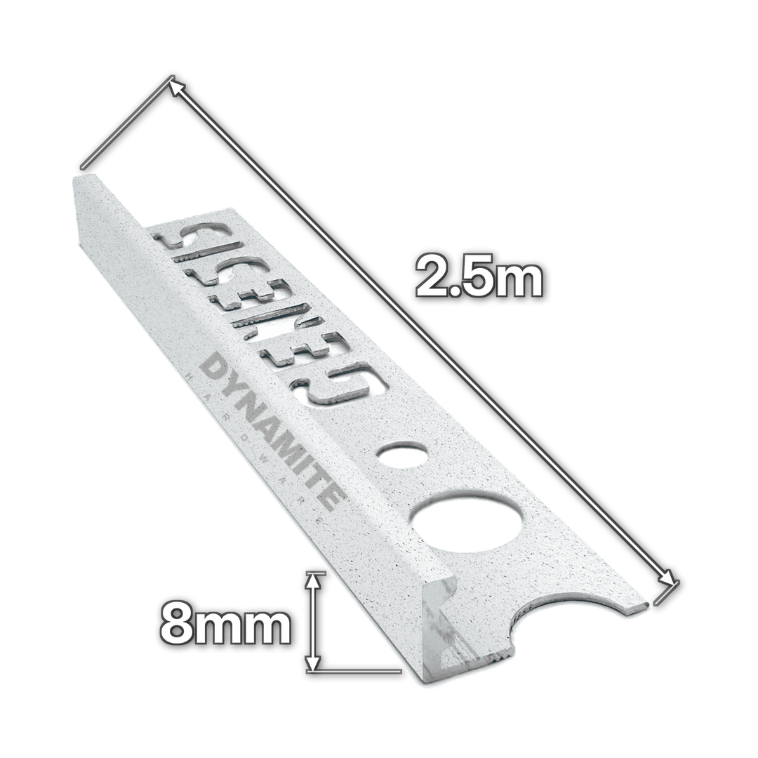 8mm Limestone Effect Aluminium Straight Edge Tile Trim 2.5m - size marked with white arrows: 8mm profile height and 2.5m length