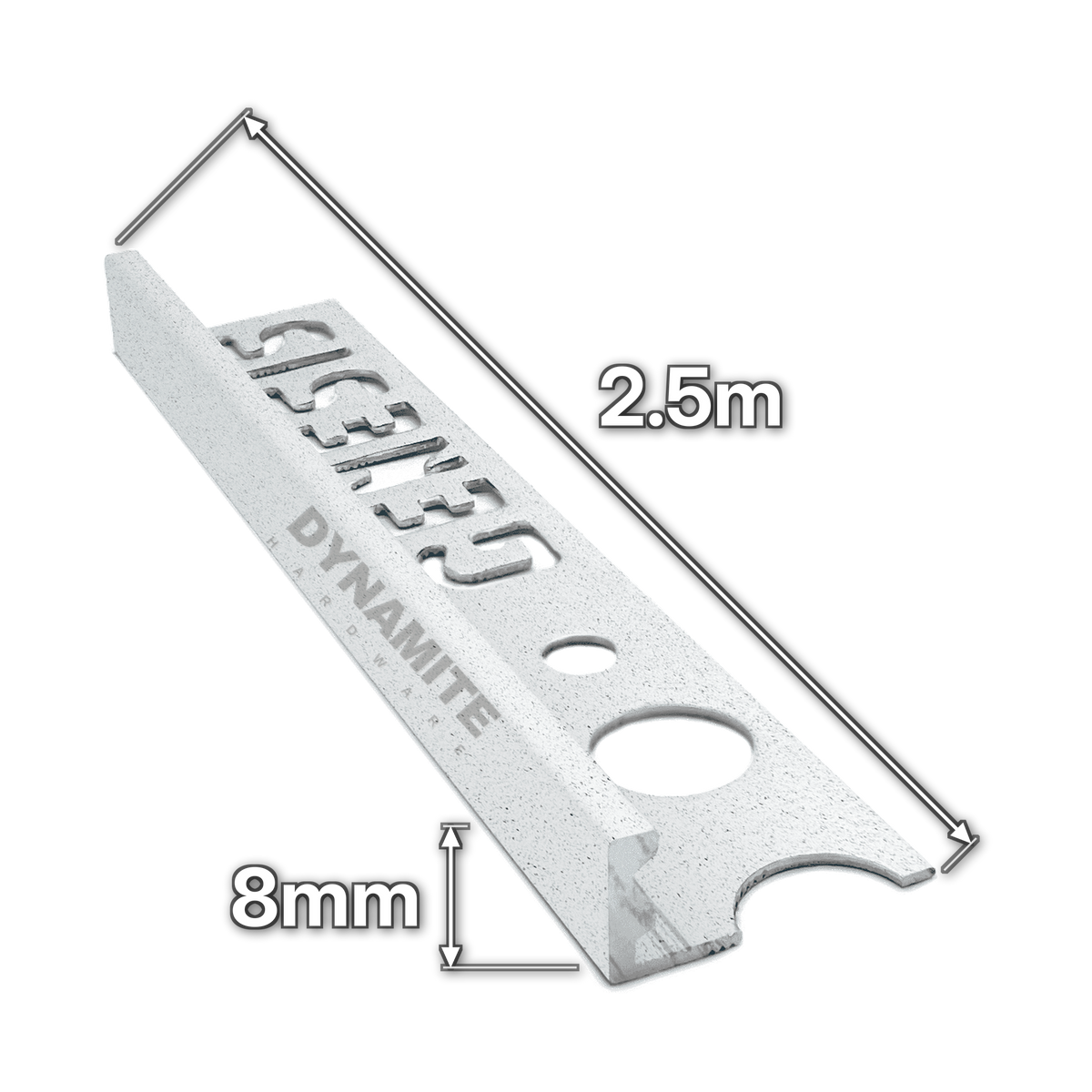 8mm Limestone Effect Aluminium Straight Edge Tile Trim 2.5m - size marked with white arrows: 8mm profile height and 2.5m length