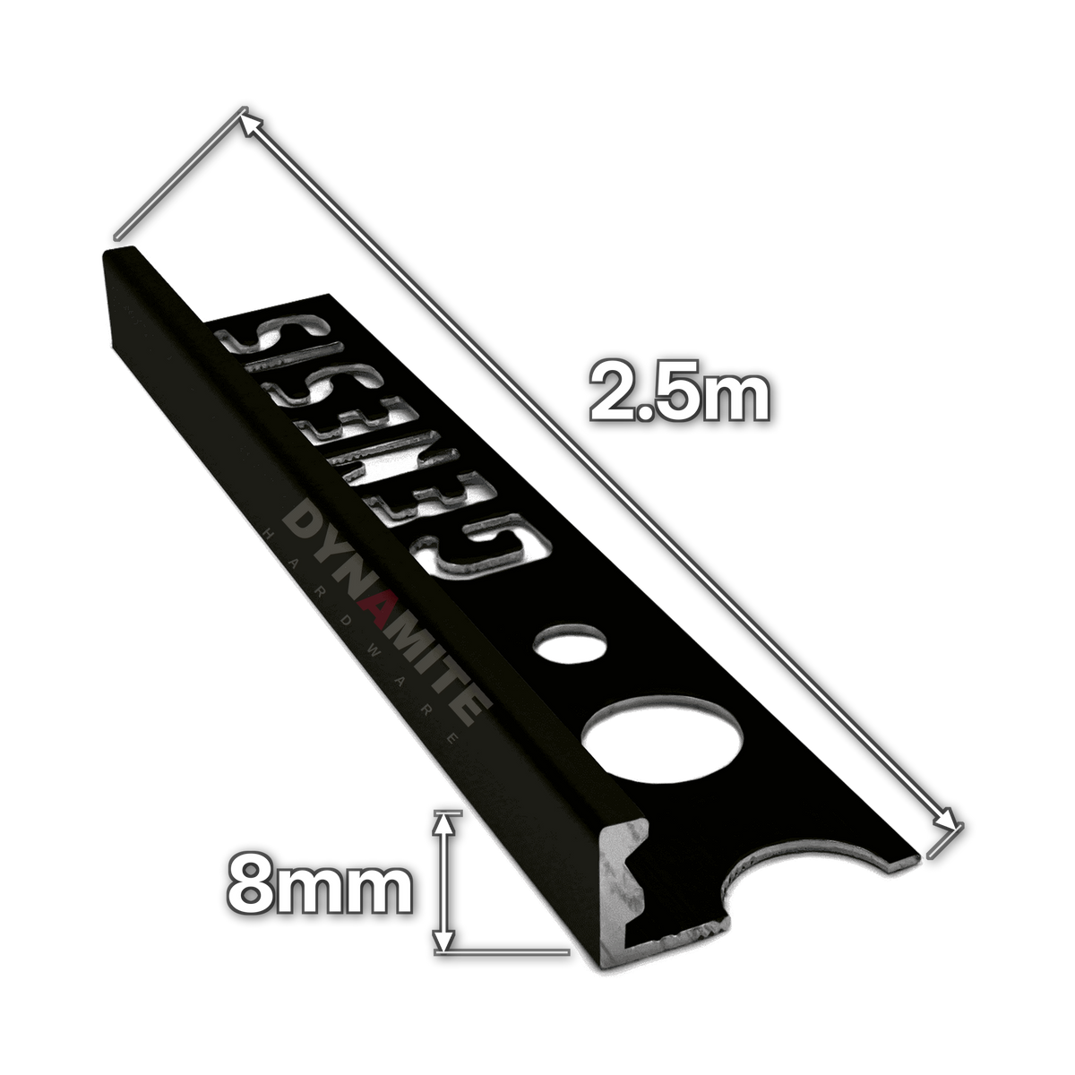 8mm Matt Black Aluminium Straight Edge Tile Trim 2.5m - size marked with white arrows: 8mm profile height and 2.5m length