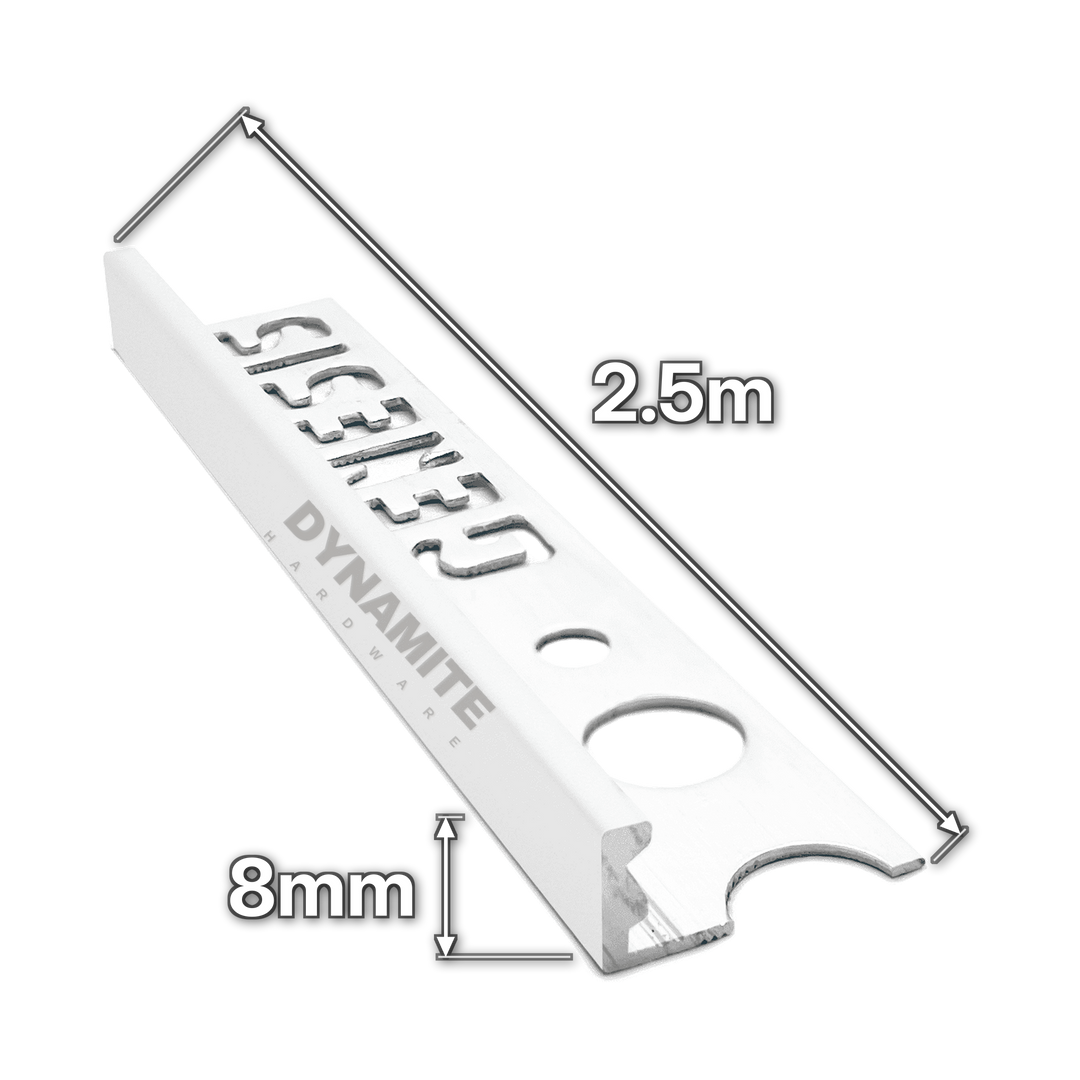 8mm Matt White Aluminium Straight Edge Tile Trim 2.5m - size marked with white arrows: 8mm profile height and 2.5m length