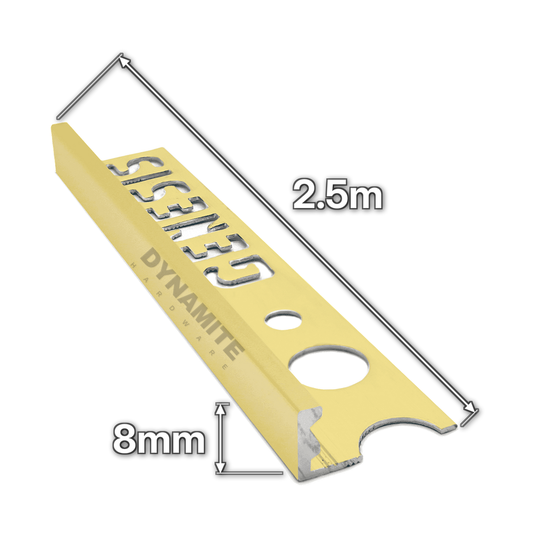 8mm Polished Brass Aluminium Straight Edge Tile Trim 2.5m - size marked with white arrows: 8mm profile height and 2.5m length