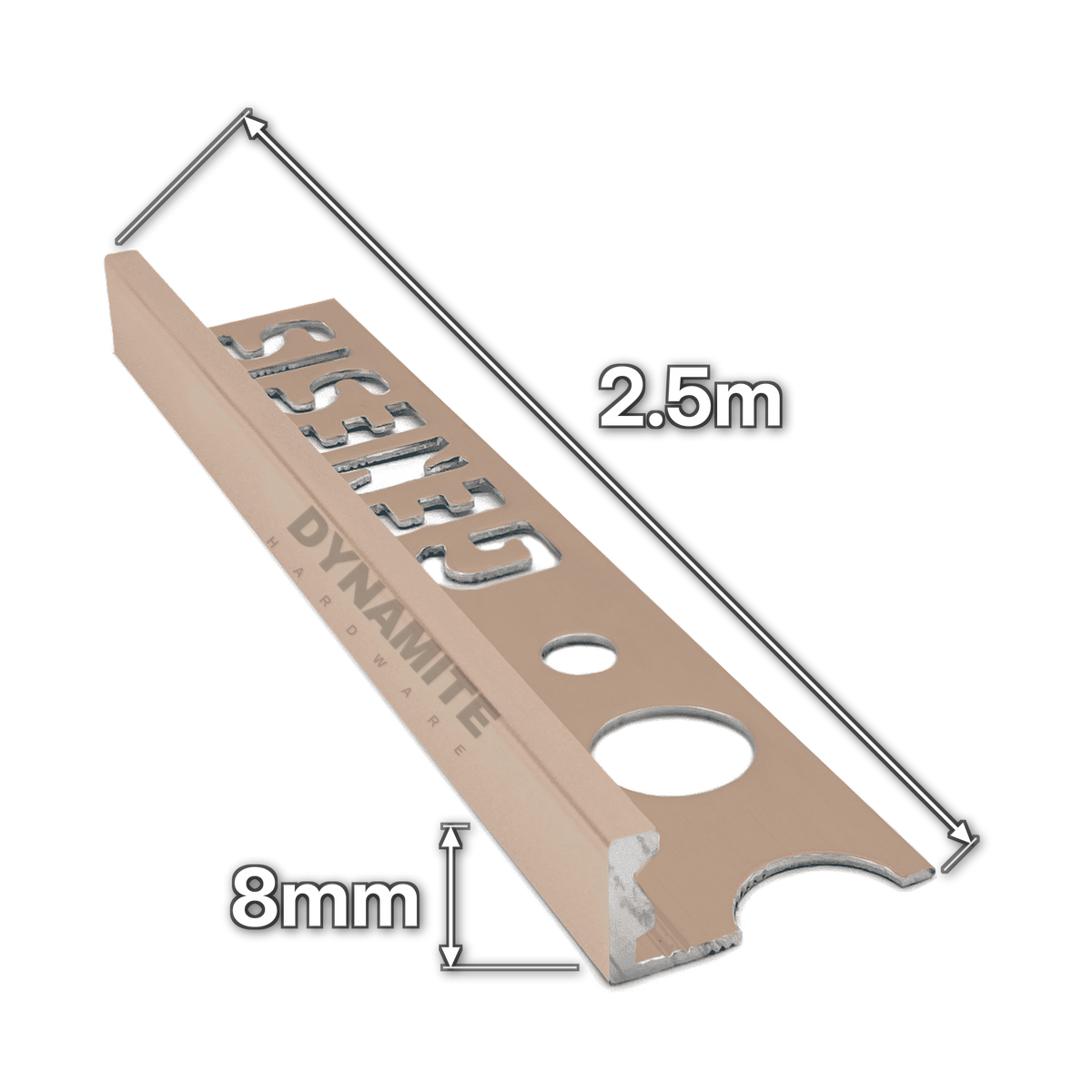 8mm Polished Copper Aluminium Straight Edge Tile Trim 2.5m - size marked with white arrows: 8mm profile height and 2.5m length