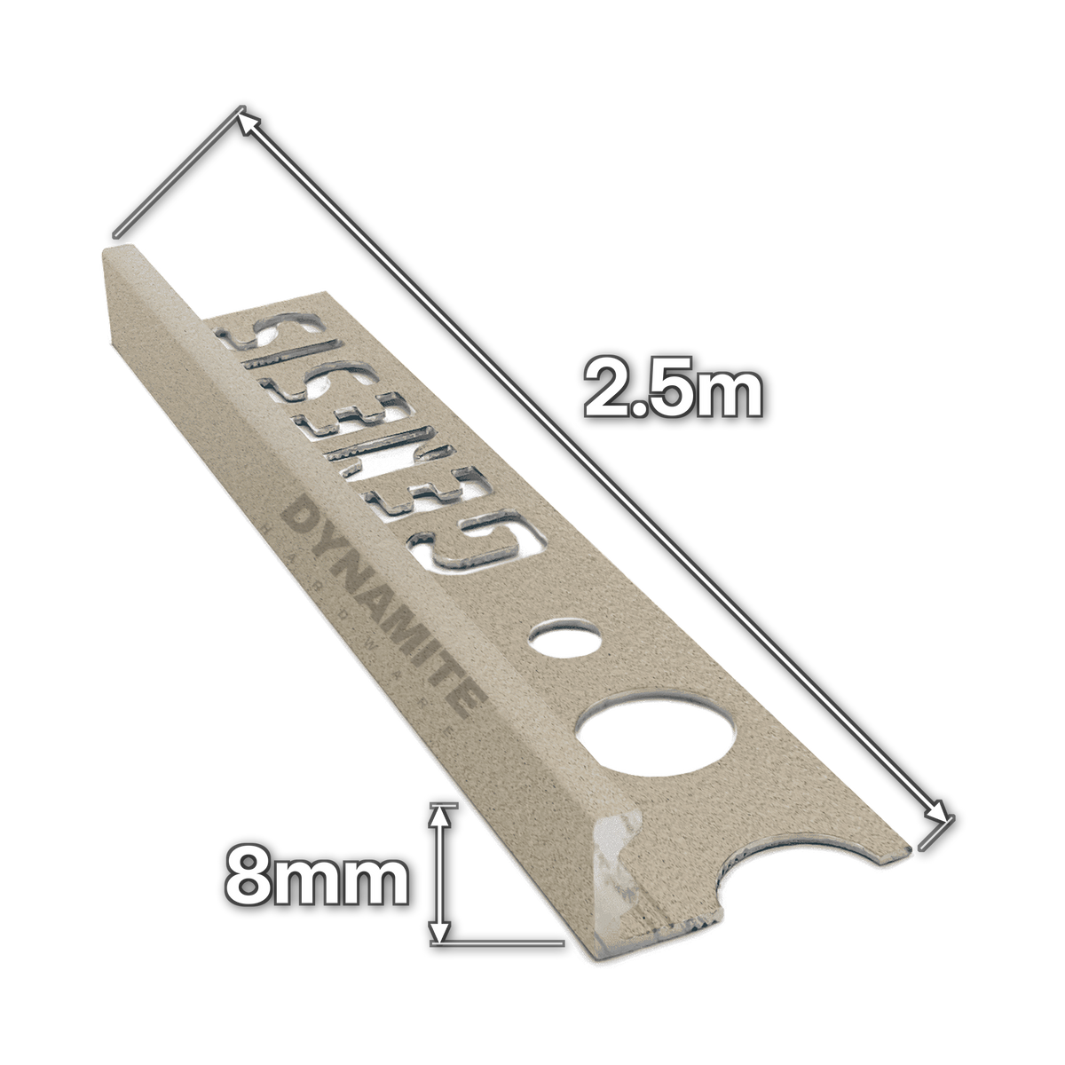 8mm Sandstone Effect Aluminium Straight Edge Tile Trim 2.5m - size marked with white arrows: 8mm profile height and 2.5m length
