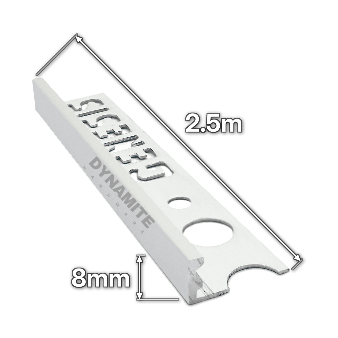 8mm Satin Silver Anodised Aluminium Straight Edge Tile Trim 2.5m - size marked with white arrows: 8mm profile height and 2.5m length