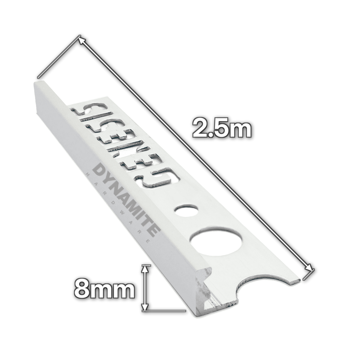 8mm Satin Silver Anodised Aluminium Straight Edge Tile Trim 2.5m - size marked with white arrows: 8mm profile height and 2.5m length