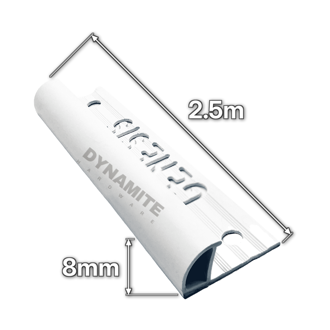 8mm White PVC Round Edge Tile Trim 2.5m - size marked with white arrows: 8mm profile height and 2.5m length