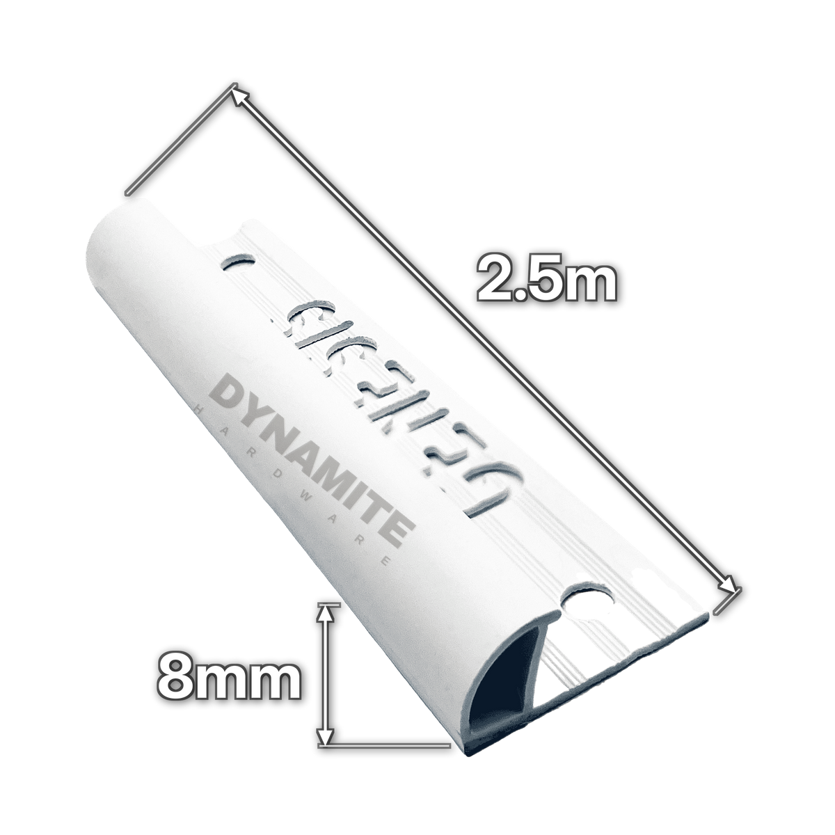 8mm White PVC Round Edge Tile Trim 2.5m - size marked with white arrows: 8mm profile height and 2.5m length