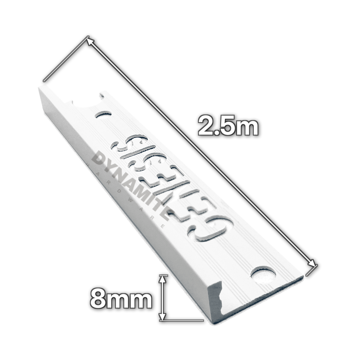8mm White PVC Straight Edge Tile Trim 2.5m - size marked with white arrows: 8mm profile height and 2.5m length