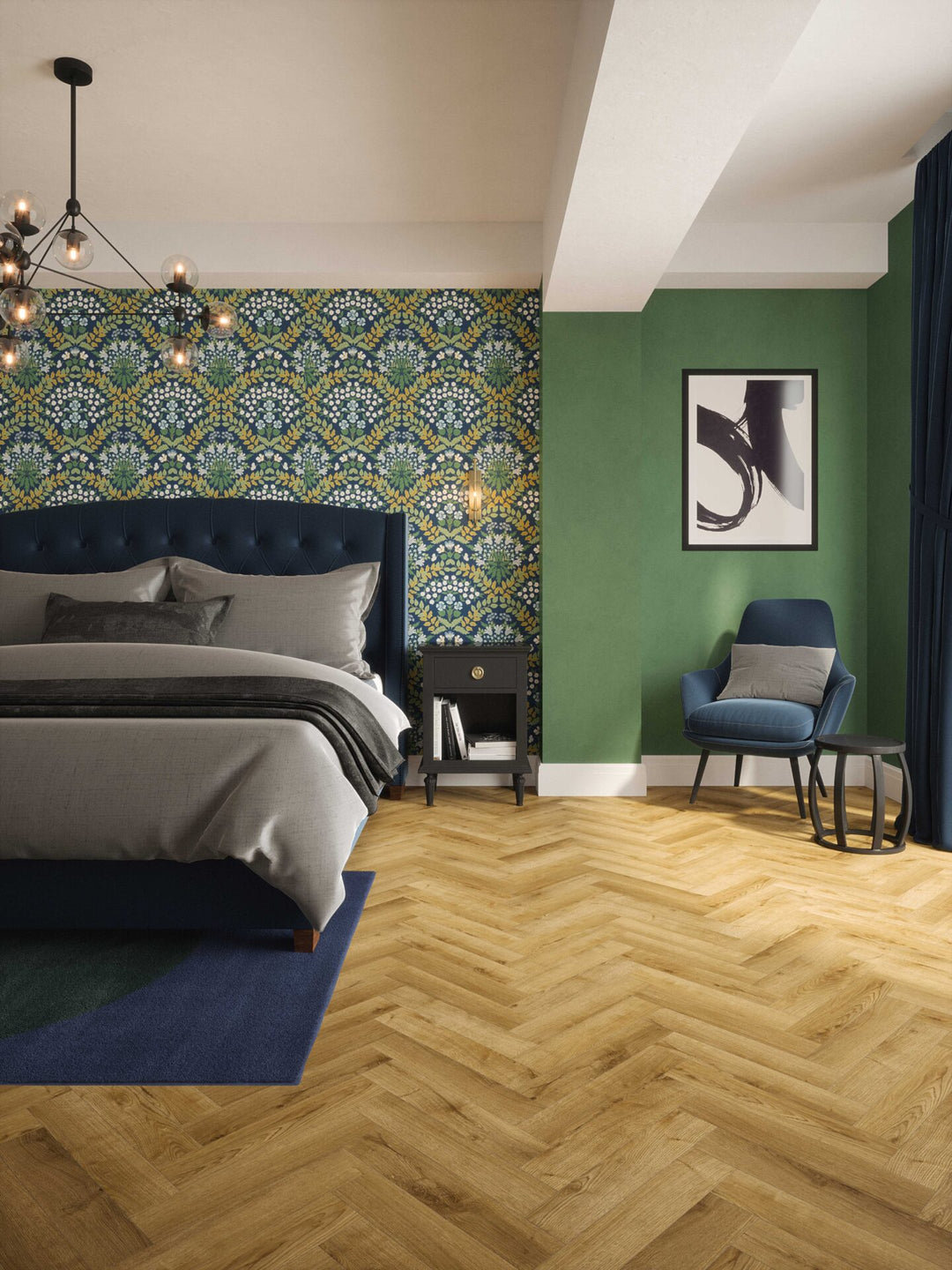 Stade Oak 12mm AC4 herringbone laminate flooring installed in a bedroom