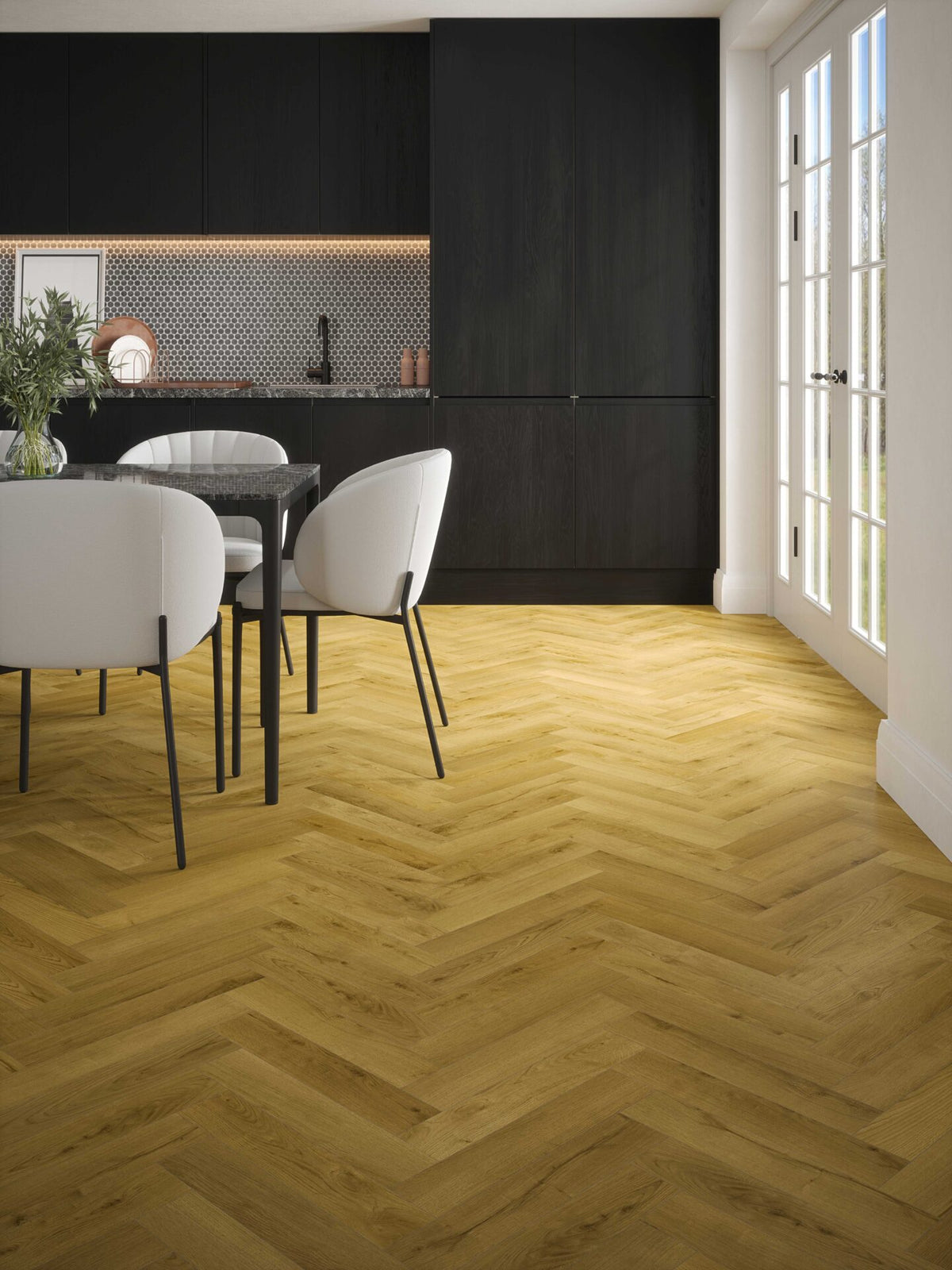 Albi Honey Oak 12mm AC4 herringbone laminate flooring installed in a kitchen