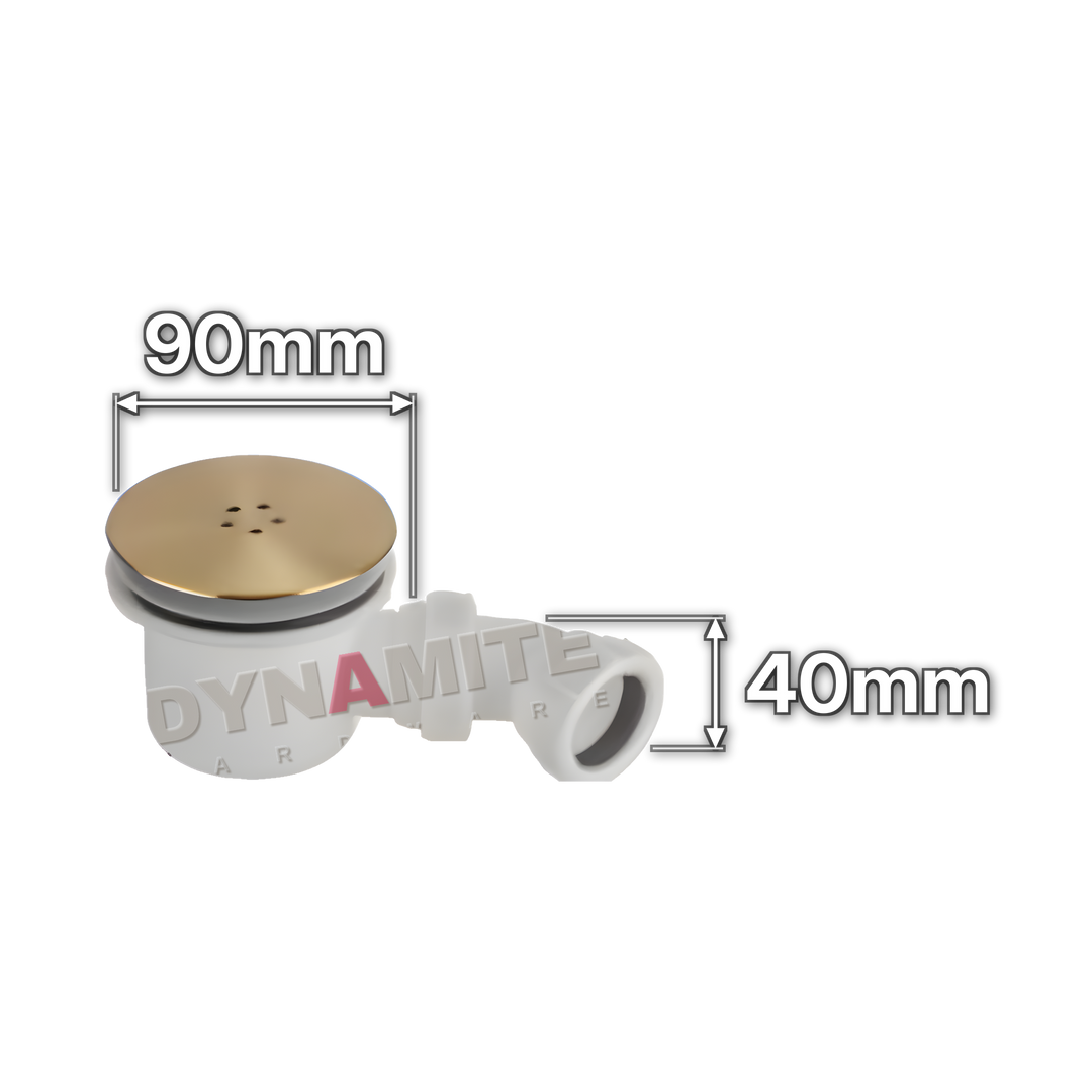 90mm Brushed Brass Shower Waste & Trap - 1½" (40mm), 50mm Seal (code STW001BB), size marked with white arrows: 90mm x 40mm