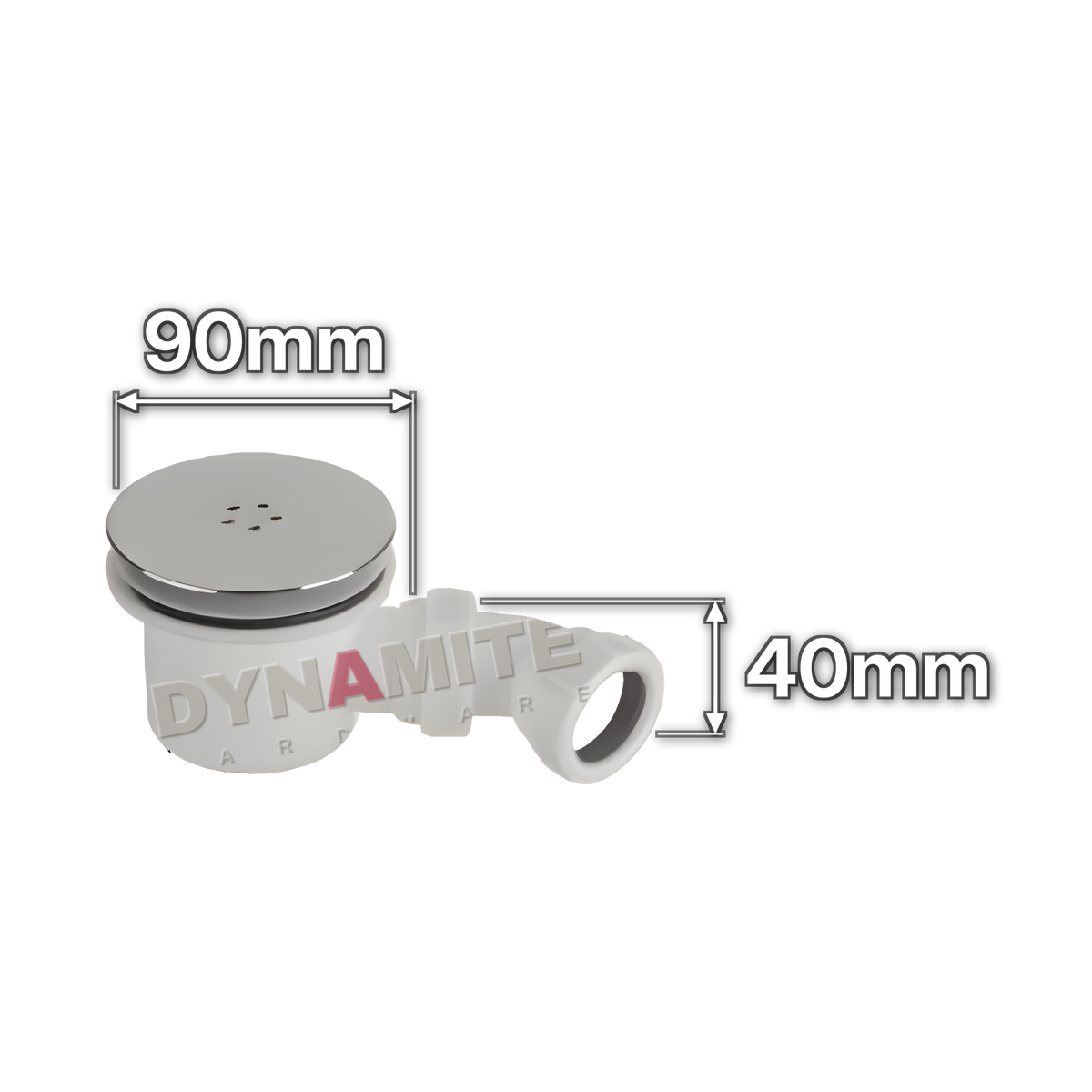 90mm Chrome Shower Waste & Trap - 1½" (40mm), 50mm Seal (code STW001), size marked with white arrows: 90mm x 40mm