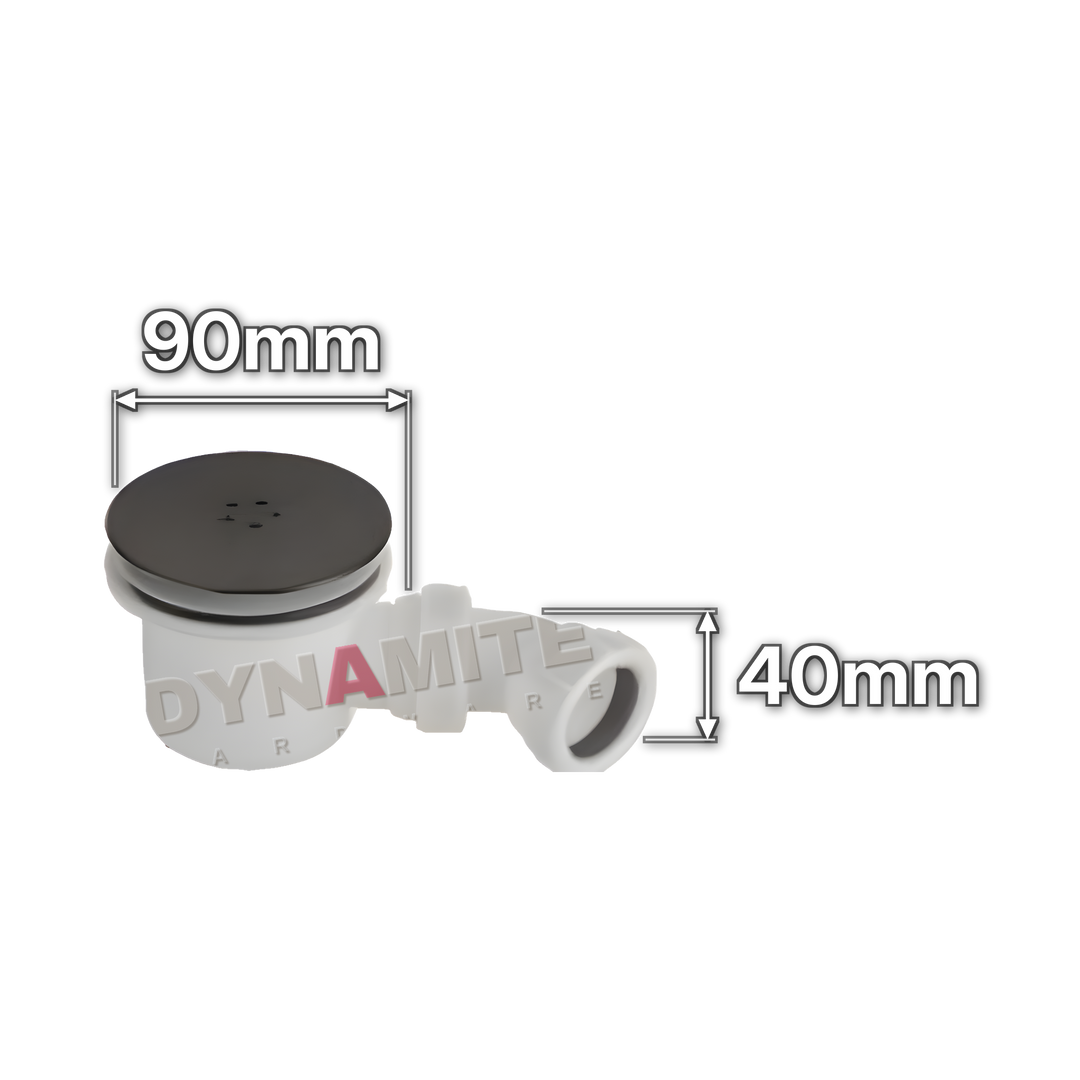 90mm Matt Black Shower Waste & Trap - 1½" (40mm), 50mm Seal (code STW001B), size marked with white arrows: 90mm x 40mm