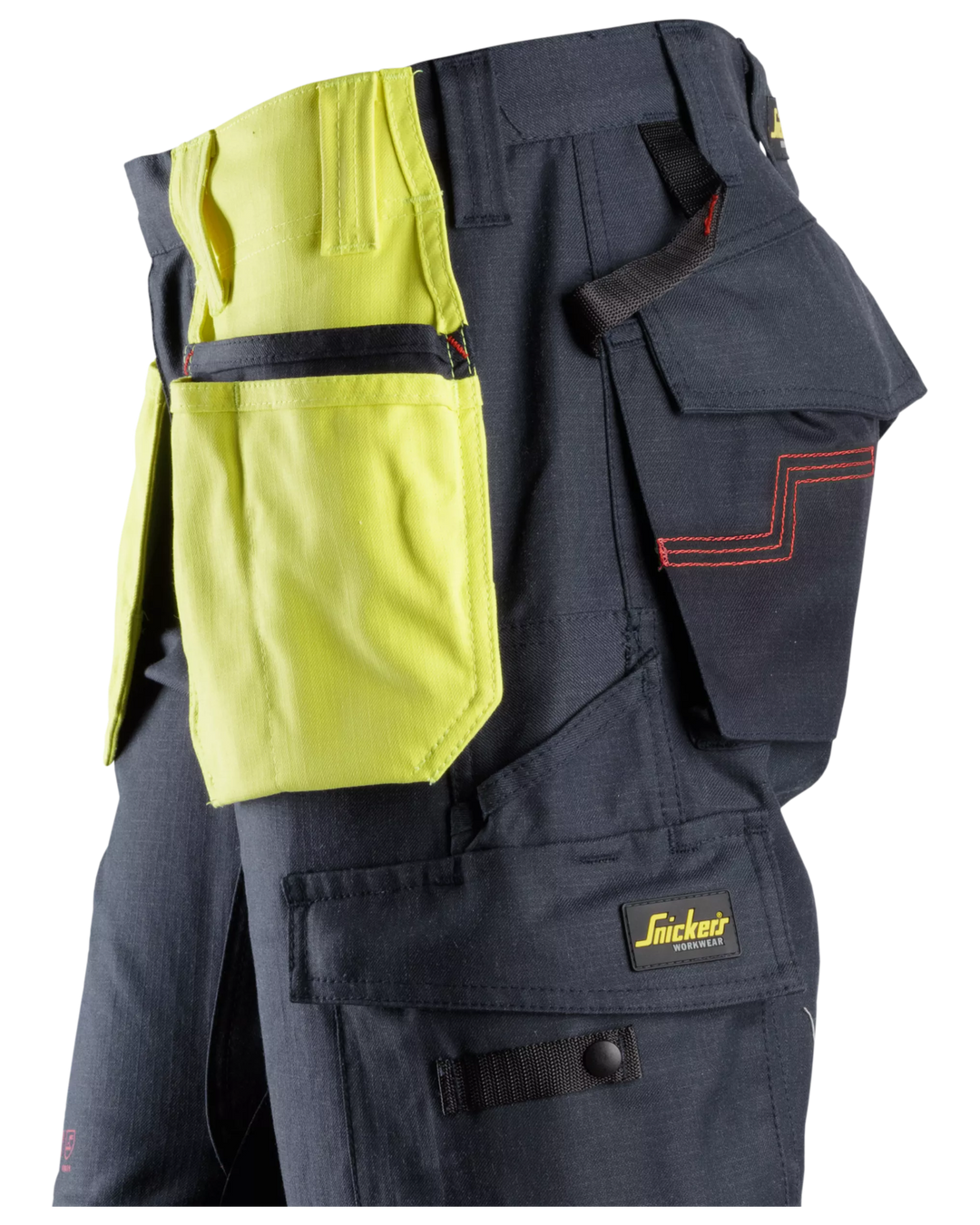 Snickers Hi-Vis Yellow/Navy, ProtecWork Attached Holster Pockets (9793) – left side view