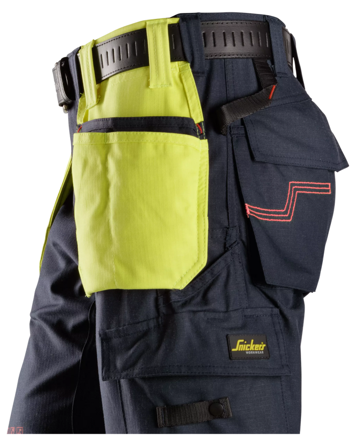 Snickers Hi-Vis Yellow/Navy, ProtecWork Holster Pockets (9797) – left side view