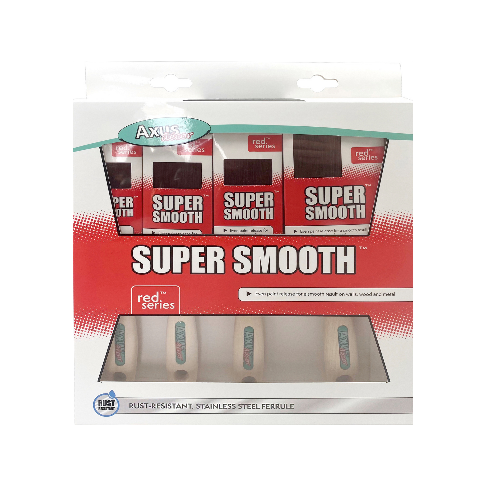 Axus Decor - Super Smooth Brush Set, Red Series, Set of 4 (1.5", 2x2", 3") - Paint Barrier Sheet Dynamite Hardware