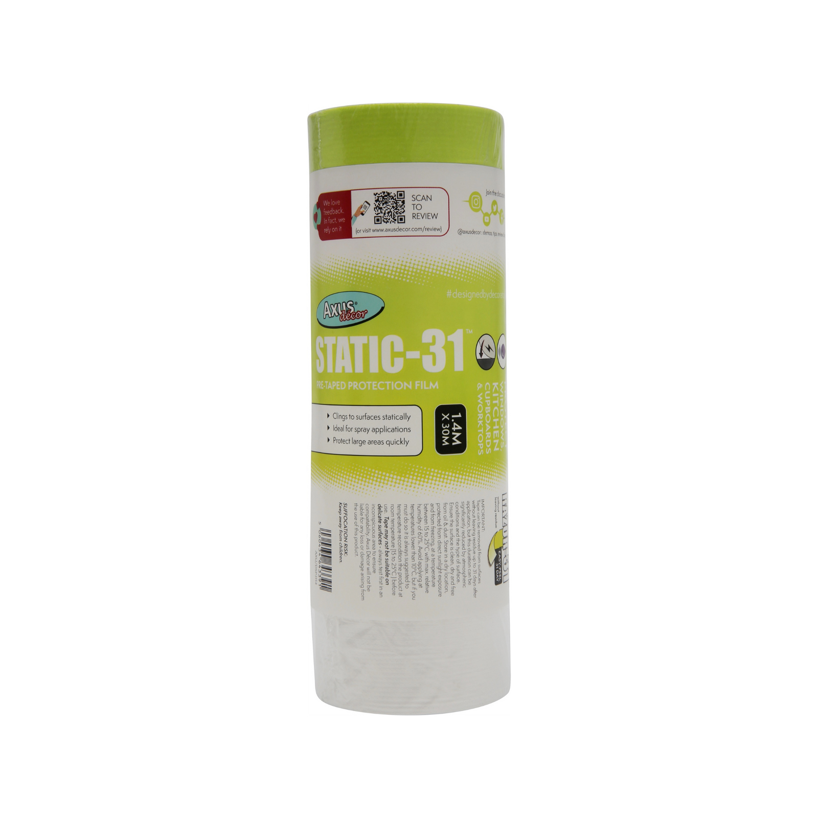 Axus Decor - Static 31 Pre Taped Protection Film, Blue Series (1.4m x 30m) - Paint Barrier Sheet Dynamite Hardware