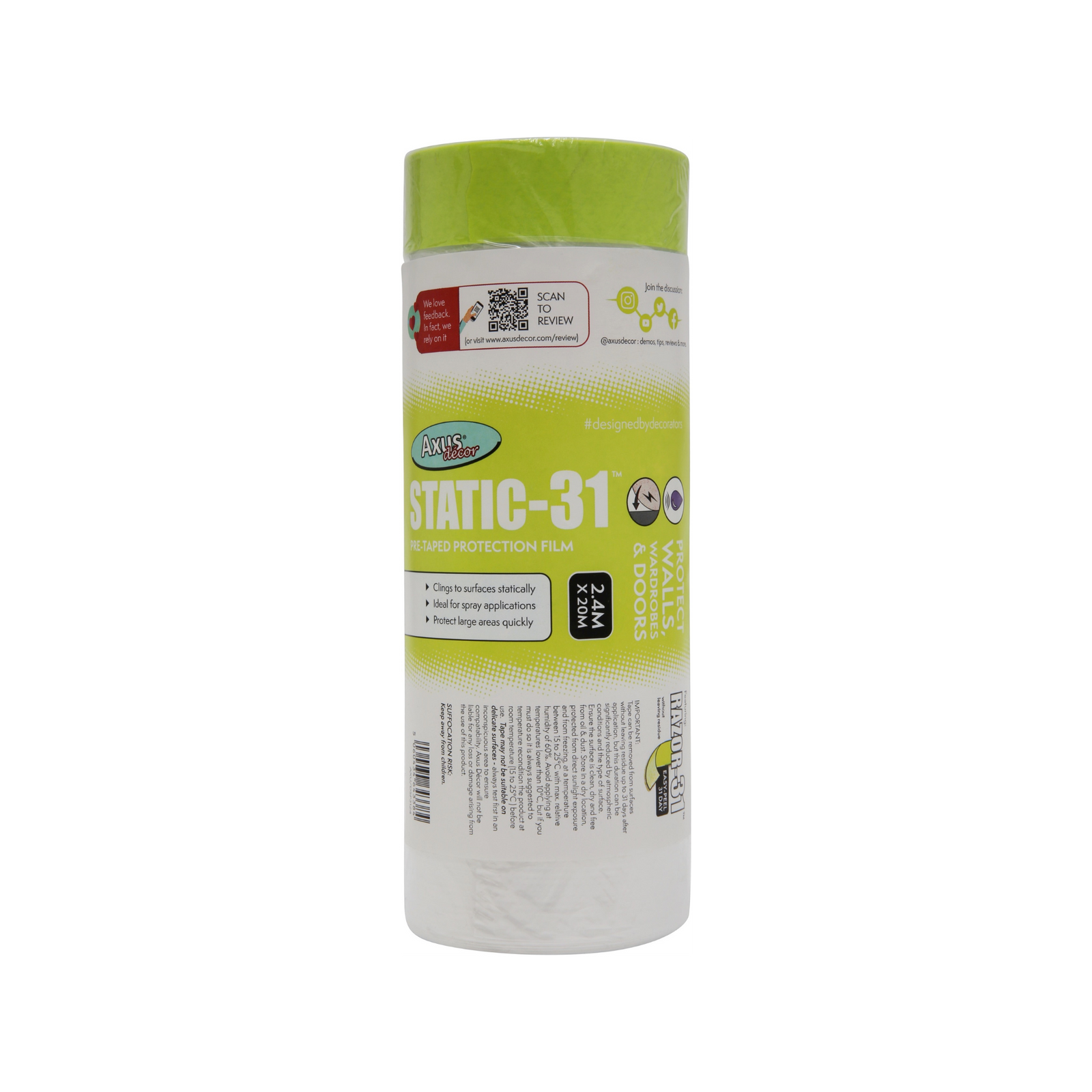 Axus Decor - Static 31 Pre Taped Protection Film, Blue Series (2.4m x 20m) - Paint Barrier Sheet Dynamite Hardware