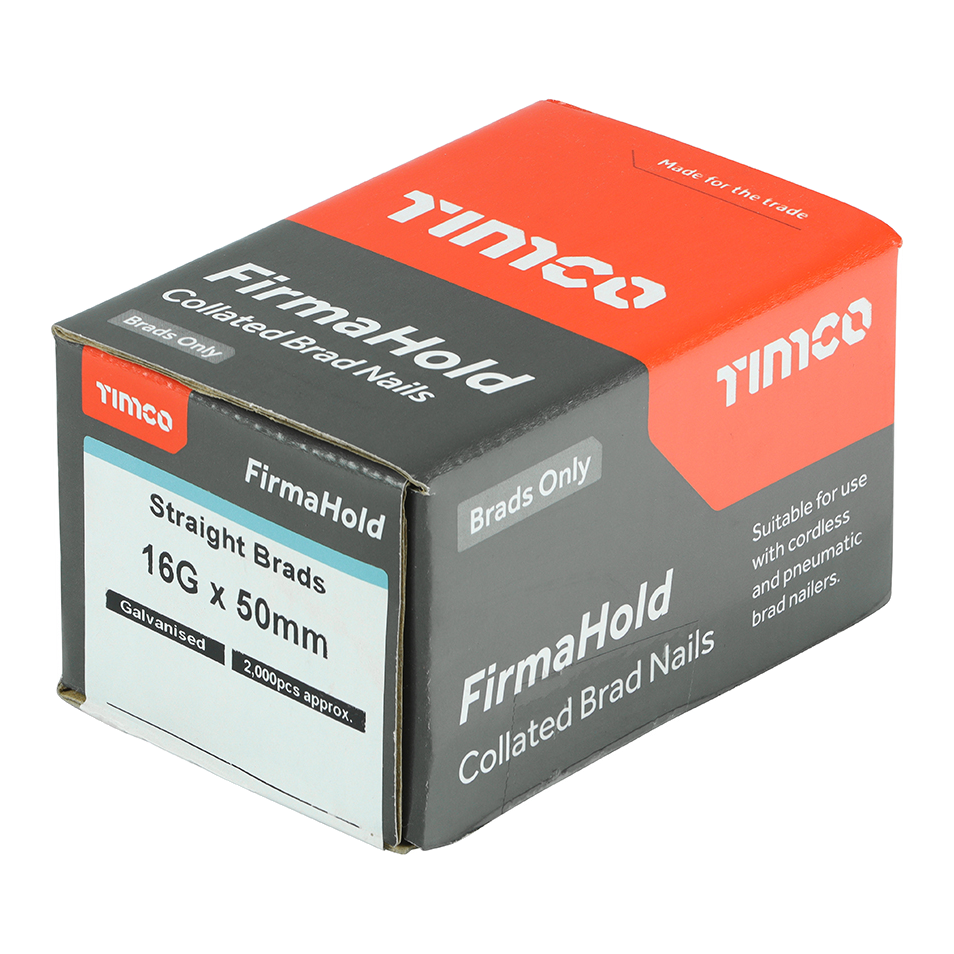 16g Straight Brad Nails 50mm Galvanised – Box of 2,000