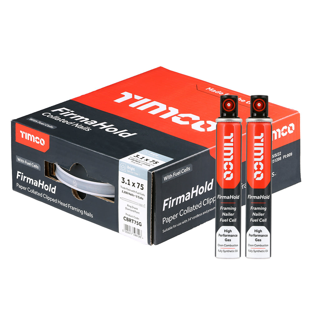 Bright 3.1 x 75MM FirmaHold Collated Clipped Head Nails & Fuel Cells - Trade Pack - Ring Shank Pack Quantity: 2200 Pieces - Dynamite Hardware