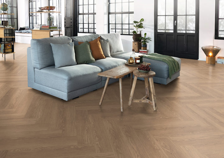 Brown Baronia Oak 8mm herringbone laminate flooring room view