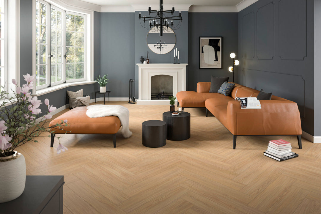 Natural Casella Oak 8mm herringbone laminate flooring room view