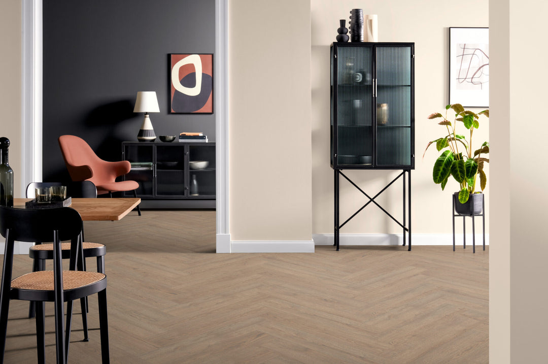Turin Oak 8mm herringbone laminate flooring room view