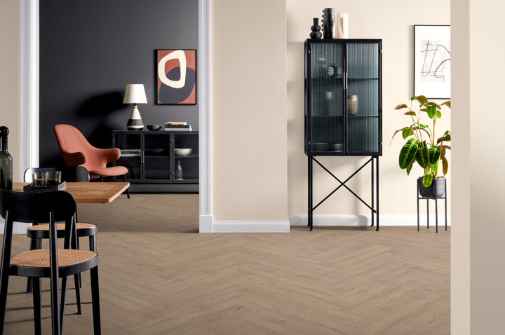 Turin Oak 8mm herringbone laminate flooring room view