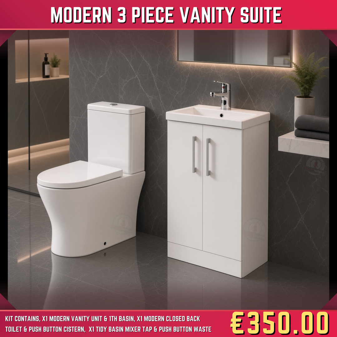 Modern 3 Piece Vanity Bathroom Suite – Rimless Toilet, Vanity & Tap