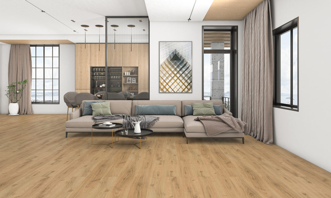 Wheat Oak Aqua 12mm AC5 Laminate Flooring installed in a room