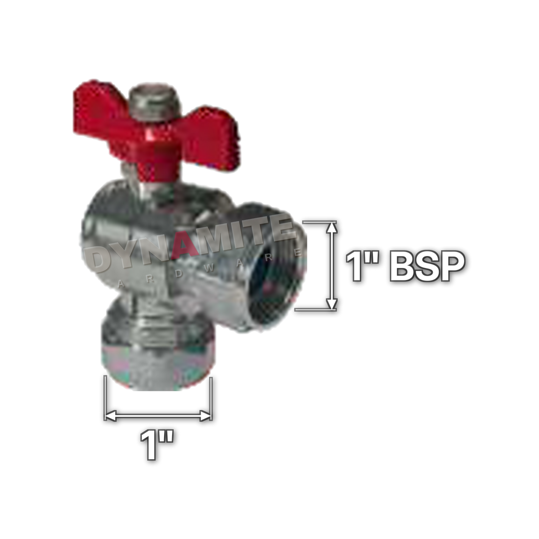 Angled Butterfly Ball Valve - Female BSP Swivel x Compression, 1", size marked with a white arrow