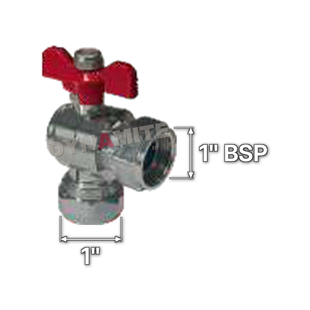 Angled Butterfly Ball Valve - Female BSP Swivel x Compression, 1", size marked with a white arrow