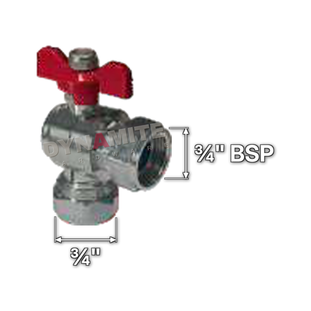Angled Butterfly Ball Valve - Female BSP Swivel x Compression, ¾", size marked with a white arrow