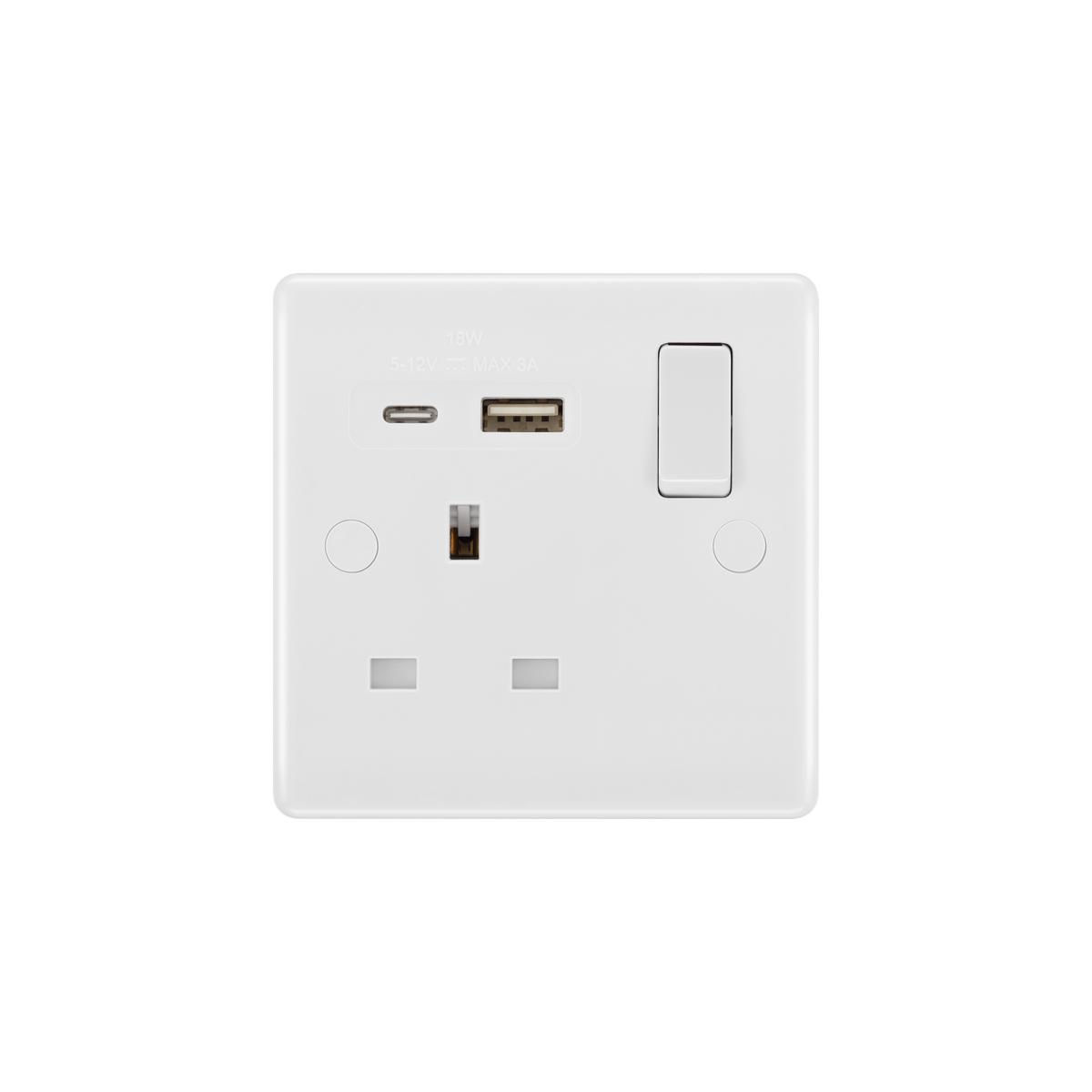 Single Switched Socket 13A with USB-A & USB-C 18W – Rounded Edge White – BG 821UAC18-01 front view