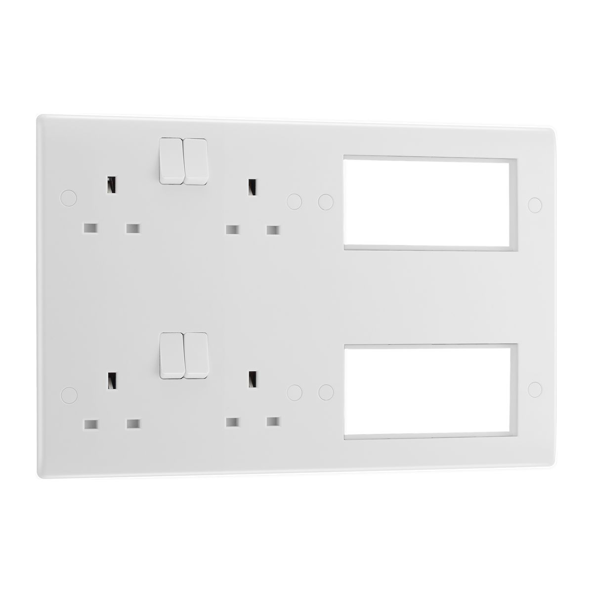Combination Plate 2 x 13A Switched Socket + 8 Module Aperture – Rounded Edge White – BG 8222EM8-01 angled view